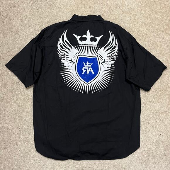 Y2K Red Ape Crown Wing Graphic Black Button Up Polo Shirt XL - Picture 1 of 6